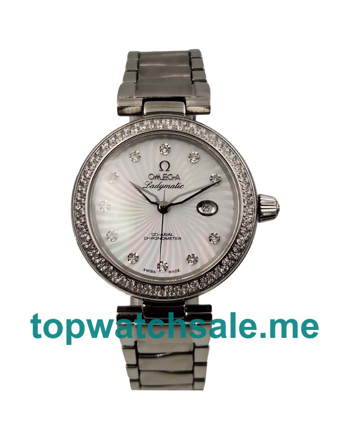 UK White Mother-of-pearl Dials Omega De Ville Ladymatic 425.35.34.20.55.001 Fake Watches With Diamonds